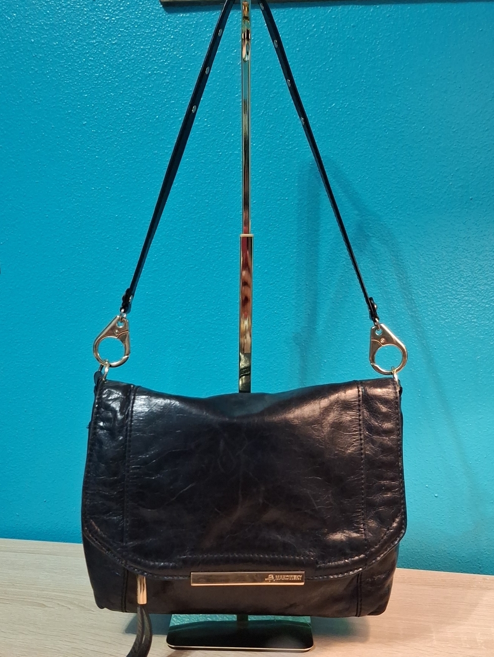 b. makowsky Black Leather Shoulder Bag with Gold Hardware Vintage